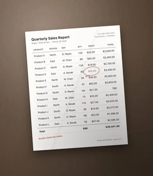 Photo of a printed sales report table before conversion